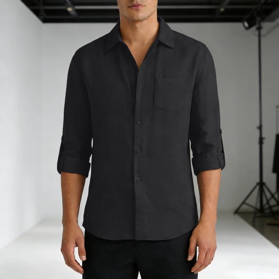 YueHuiYing Men's Solid Color Long Sleeved Button Down Collared Chest Pocket Cotton Linen Shirt Breathable Lightweight Top