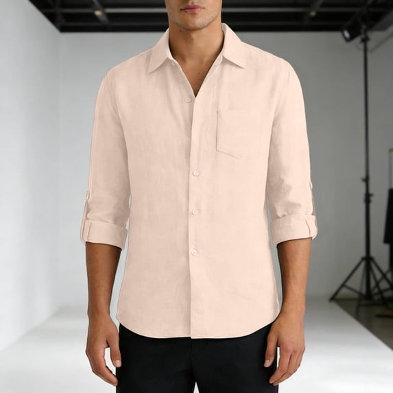 YueHuiYing Men's Solid Color Long Sleeved Button Down Collared Chest Pocket Cotton Linen Shirt Breathable Lightweight Top
