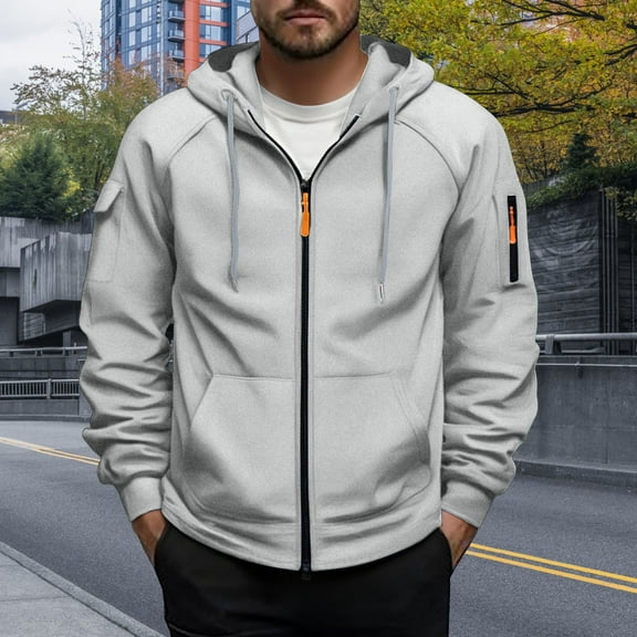 YueHuiYing Men's Solid Color Long Sleeved Hooded Zipper Cardigan Hoodie Multi Pockets Outerwear Jacket