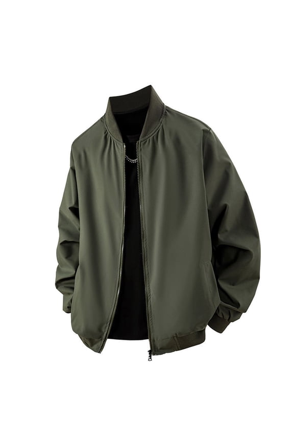 Men's Solid Color Long Sleeved Round Neck Baseball Jacket Lightweight Casual Spring Fall Windbreaker Zip Up Coat with Pocket