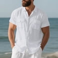 thumbnail image 1 of YueHuiYing Men's Solid-Color Short-Sleeve Collared Button-Down Shirt Fashionable Bamboo-Weave Linen Shirt Top White 3XL, 1 of 9