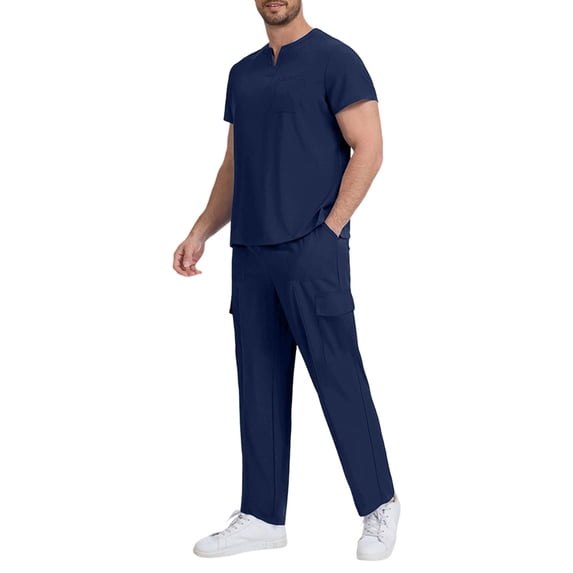 YueHuiYing Men's Solid Color Short Sleeve V Neck Scrubs Set Medical Nursing Uniform Workwear Two Piece Set for Hospital Clinic