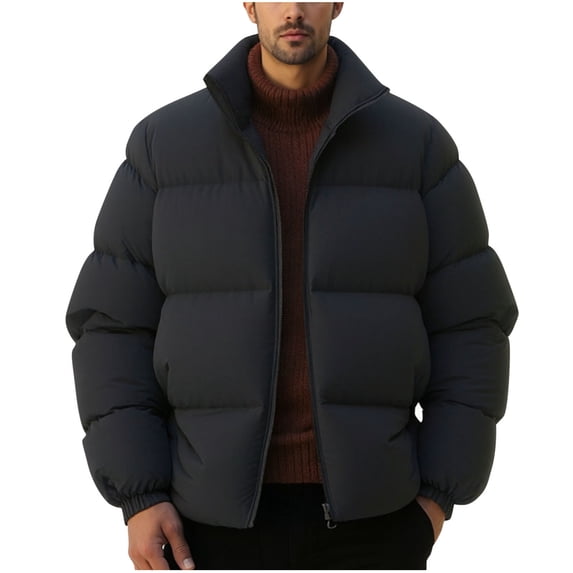 YueHuiYing Men's Solid Color Stand Collar Jacket Long Sleeve Parkas With Zip Pockets Casual Warm Outerwear Blouse