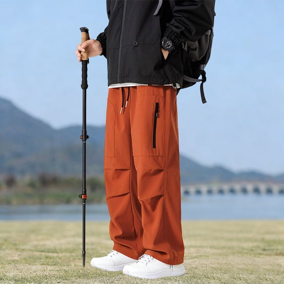 YueHuiYing Men's Solid-Color Stretch Waist Drawstring Cuffed Casual Sports Water-Resistant Hiking Windbreaker Pants
