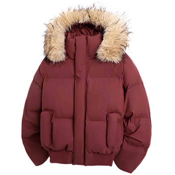 YueHuiYing Men's Solid Color Stylish Hooded Detachable Collar Thickened And Warm Padded Coat Long-sleeved Jacket.
