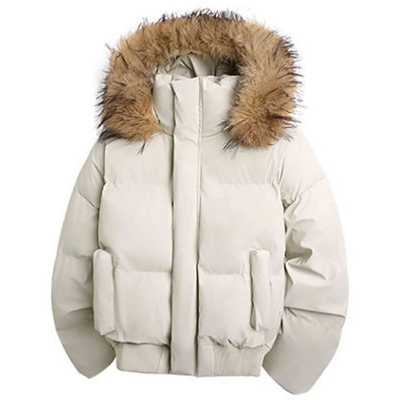 YueHuiYing Men's Solid Color Stylish Hooded Detachable Collar Thickened And Warm Padded Coat Long-sleeved Jacket.
