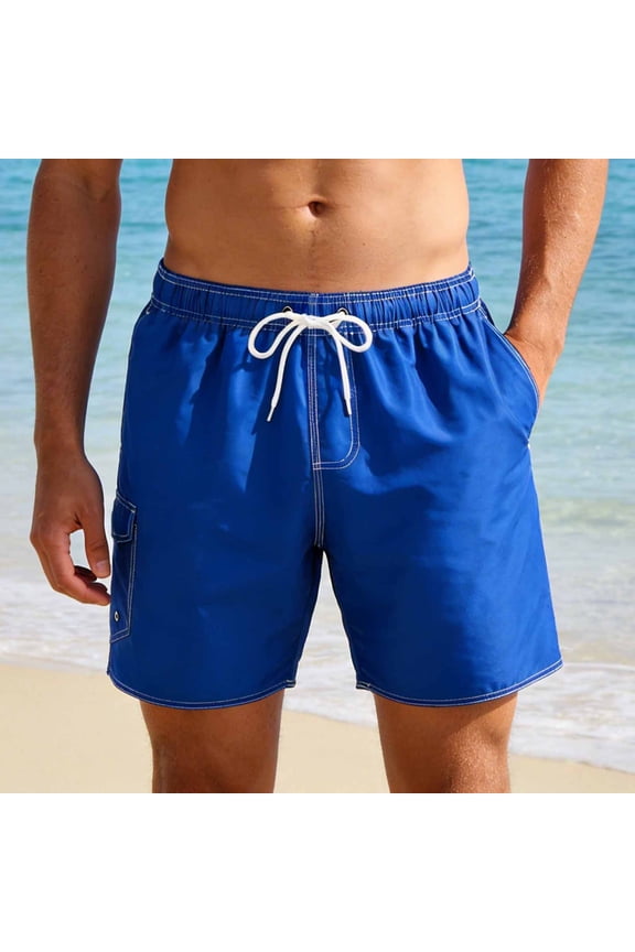 Men's Solid-Color Swim Trunks Quick-Dry Breathable Multi-Pocket Workwear Style Drawstring Waistband Summer Beach & Water Activities Lined Swim Trunks Blue L