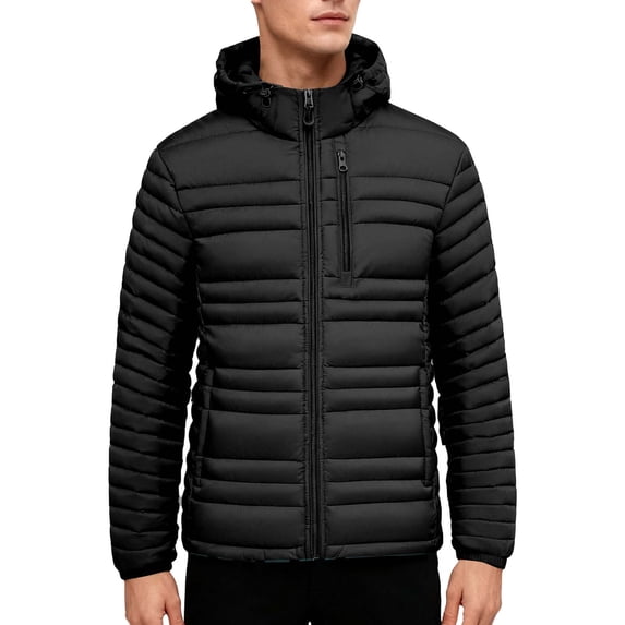 YueHuiYing Men's Solid - Color Thickened Winter Jacket Long Sleeve, Detachable Cap, Zipper Closure, Hooded with Functional Pockets
