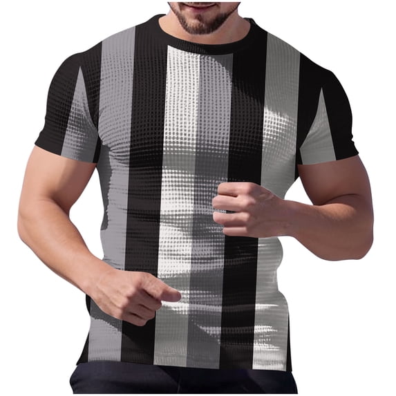 YueHuiYing Men's Spring/Summer Fashion Casual Loose-Fit Stretch Gym Home Wear Printed Striped T-Shirt Crew Neck Short Sleeve Top