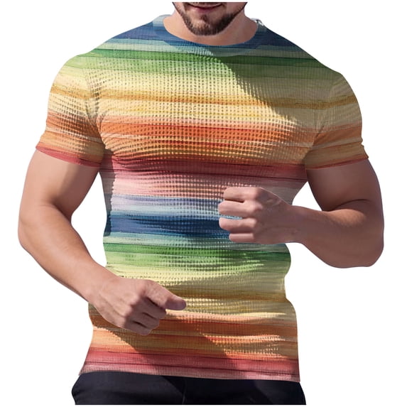 YueHuiYing Men's Spring/Summer Fashion Casual Loose-Fit Stretch Gym Home Wear Printed Striped T-Shirt Crew Neck Short Sleeve Top