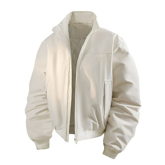 YueHuiYing Men's Stand Collar Solid Color Zip Pocket Padded Work Jacket Short Length Warm Casual Style Long Sleeve Hoodless Casual Outwear