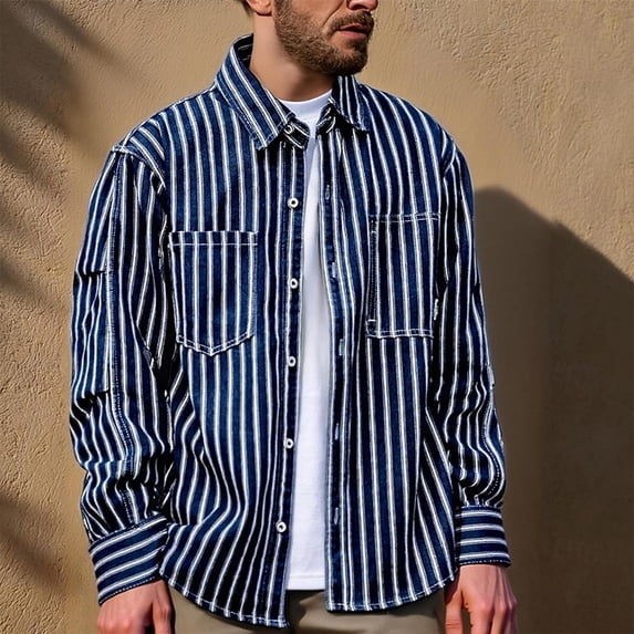 YueHuiYing Men's Striped Button Down Collar Workwear Shirt With Front Pockets Long Sleeves Durable Cotton Blend Top