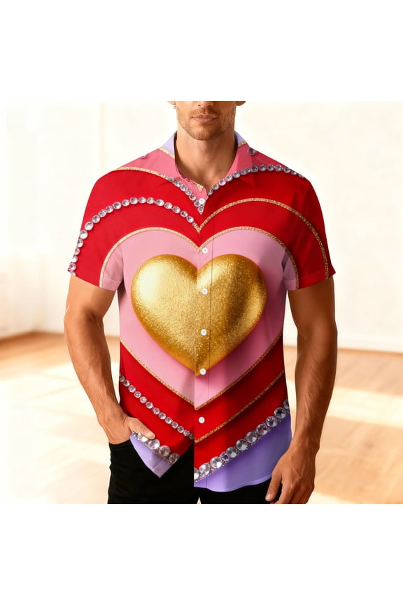 Men's Summer Heart-Print Beach Casual Short-Sleeve Button-Down Shirt Colorful Printed Clothing