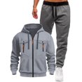 thumbnail image 1 of YueHuiYing Men's Sweatshirt and Sweatpants Set Full Zip Hooded Small Leg Solid Color Casual Long Sleeved Set, 1 of 3
