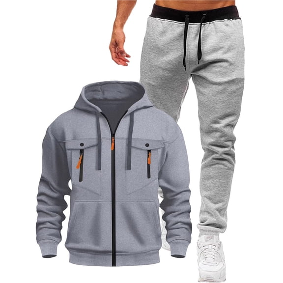YueHuiYing Men's Sweatshirt And Sweatpants Set Full Zip Hooded Small Leg Solid Color Casual Long Sleeved Hooded Set