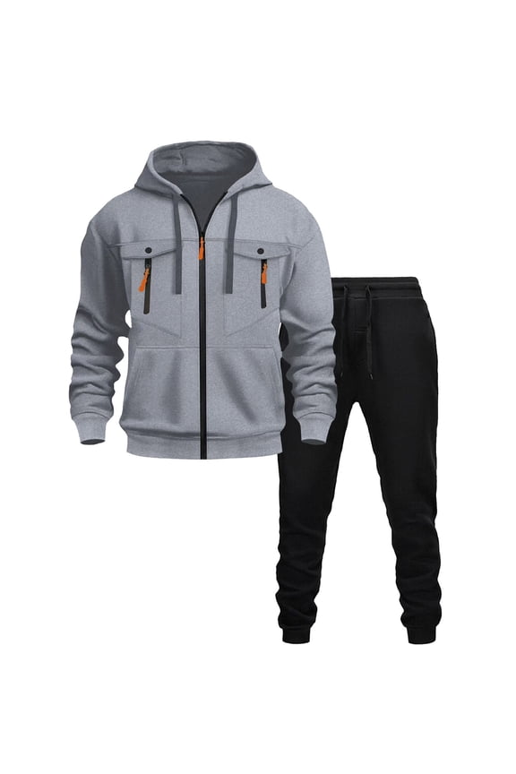 Men's Sweatshirt And Sweatpants Set Full Zip Hooded Small Leg Solid Color Casual Long Sleeved Hooded Set