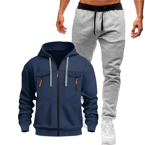 YueHuiYing Men's Sweatshirt And Sweatpants Set Full Zip Hooded Small Leg Solid Color Casual Long Sleeved Hooded Set