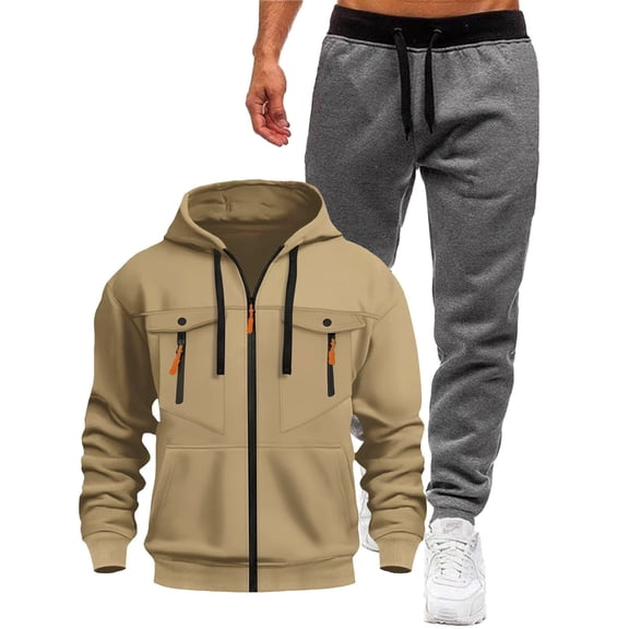 YueHuiYing Men's Sweatshirt and Sweatpants Set Full Zip Hooded Small Leg Solid Color Casual Long Sleeved Set