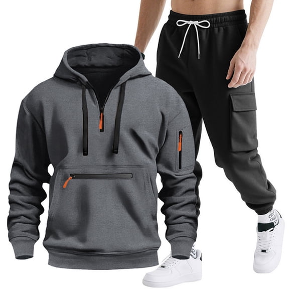 YueHuiYing Men's Sweatsuits 2 Piece Set Hoodies and Cargo Sweatpants Set Casual Athletic Tracksuits Winter Drawstring Jogging Suit