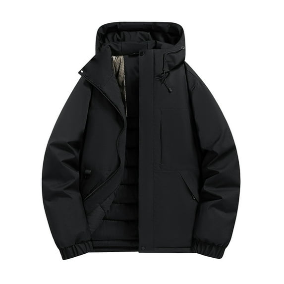 YueHuiYing Men's Thick Warm Jacket - Solid Color, Long Sleeved Hooded Zipper Cardigan, Windproof for Winter Wear