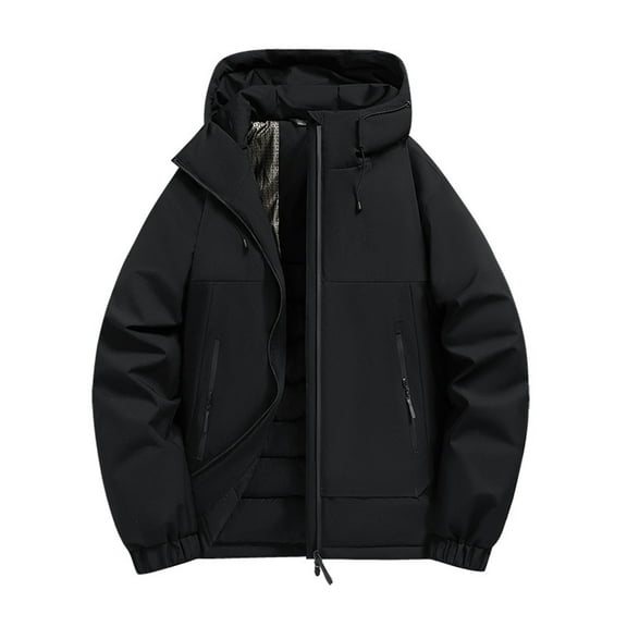 YueHuiYing Men's Thick Warm Jacket - Solid Color, Long Sleeved Hooded Zipper Cardigan, Windproof for Winter Wear