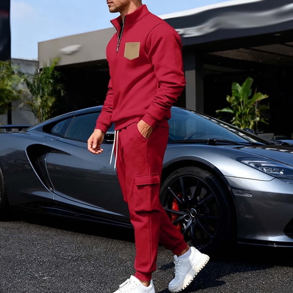 YueHuiYing Men's Tracksuit 2 Piece Sweatsuit Track Suit Zipper Long Sleeve Tops Jogging Pants Casual Outfits For Men's Red L