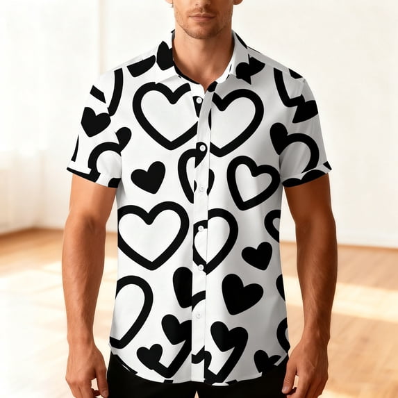 YueHuiYing Men's Valentine's Day Short-Sleeve Collared Shirt Black and White Heart Print Button-Down Colorful Printed Clothing