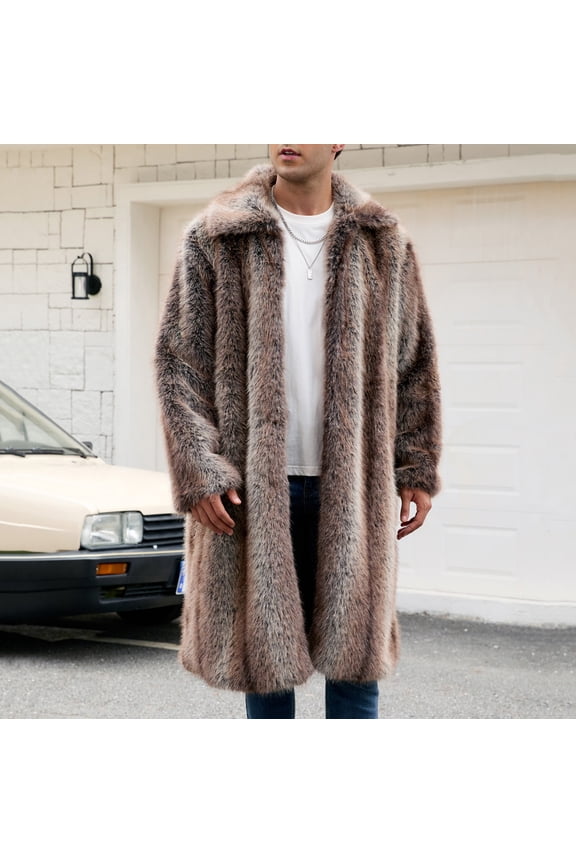 Men's Warm Faux Fur Coat Winter Long Faux Mink Coat Fluffy Thick Trench Down Collar Coat for Men