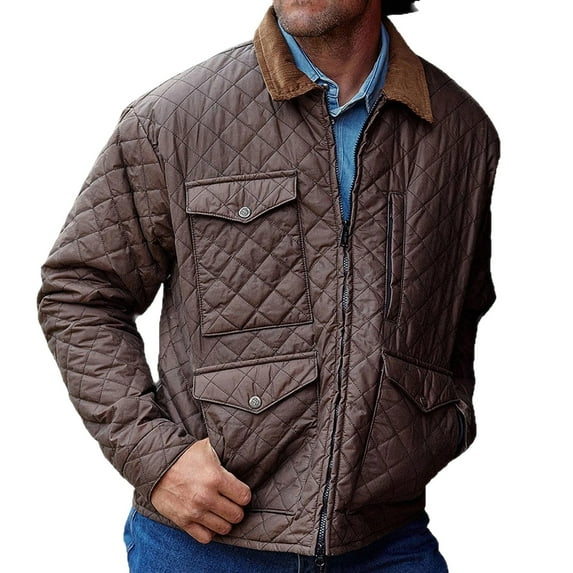 YueHuiYing Men's Warm Jacket With Solid Color Multiple Pockets Solid Color Long Sleeved Cottonjacket