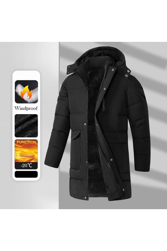 Men's Warm Windproof Jacket - Long Thick Style with Detachable Cap, Fits Casual & Outdoor Occasions