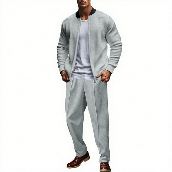 YueHuiYing Men's jogging long Sleeve Solid Color Turndown Collar 1/4 Zip Pants Drawstring 2 Piece Set
