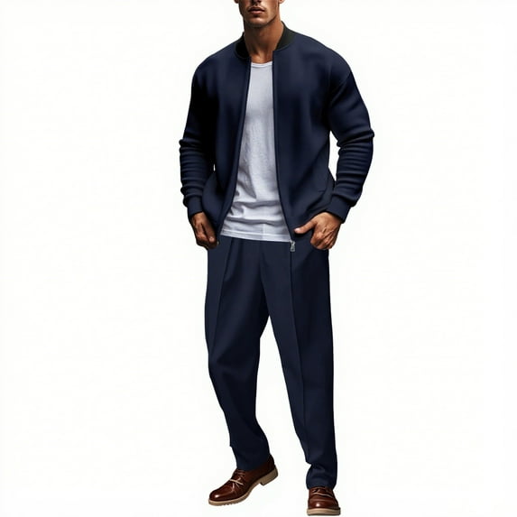 YueHuiYing Men's jogging long Sleeve Solid Color Turndown Collar 1/4 Zip Pants Drawstring 2 Piece Set