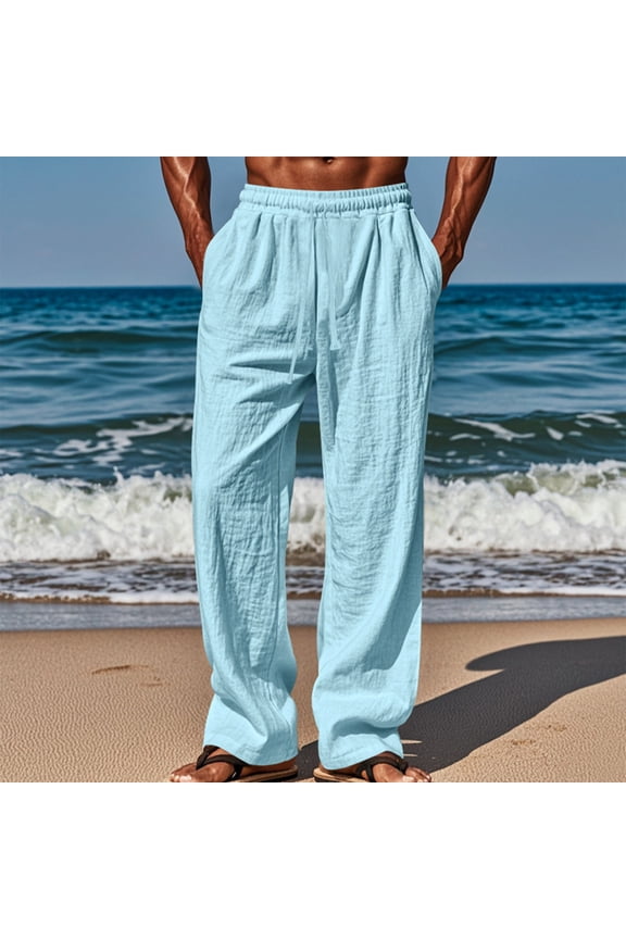 Mens Linen Pants Yoga Beach Loose Fit Casual Summer Elastic Waist Drawstring Baggy Trousers with Pockets