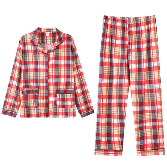 YueHuiYing Mens Pajama Set Soft Button Down Classic Lapel Comfy Long Sleeve Pajamas for Men Lounge Plaid Pjs Set with Pockets