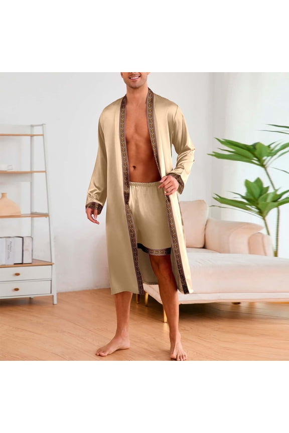 Mens Satin Robe Silky Bathrobe with Shorts Lightweight Sleepwear Pyjama Set Hooded Nightgown with Shorts