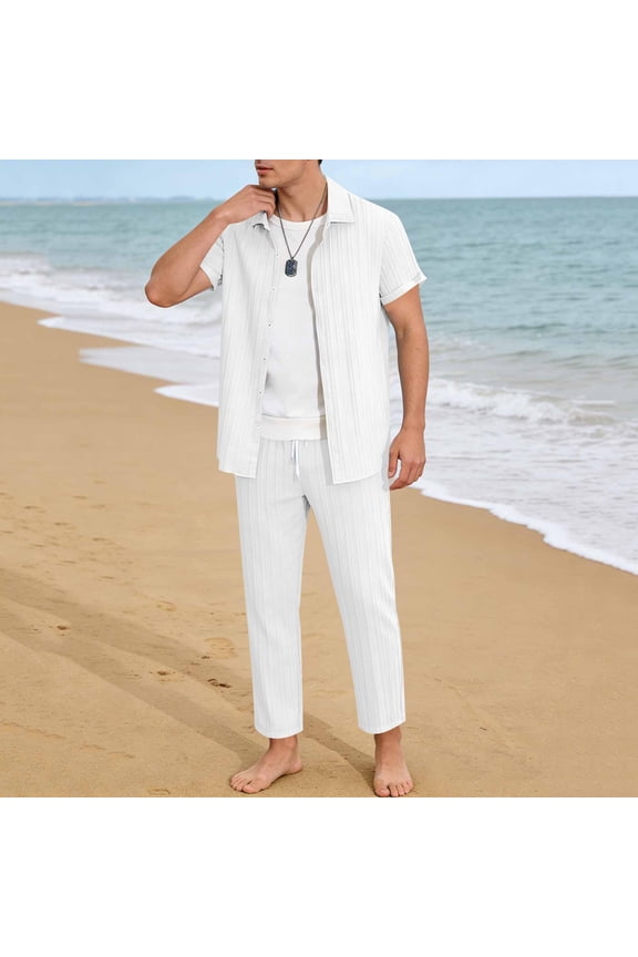 Mens Summer 2 Piece Set Casual Outfits Button Short Sleeve Shirt & Loose Pants Textured Striped Tracksuit Walking Suits
