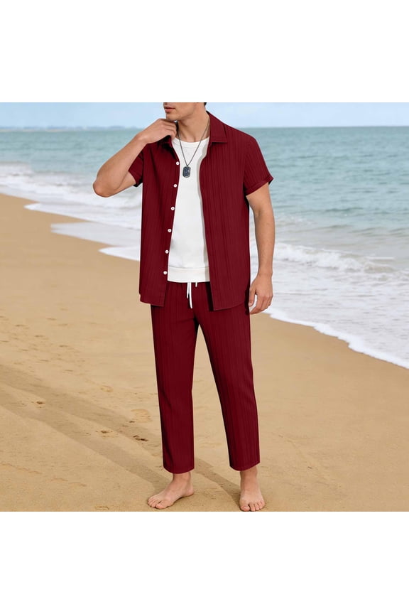 Mens Summer 2 Piece Set Casual Outfits Button Short Sleeve Shirt & Loose Pants Textured Striped Tracksuit Walking Suits