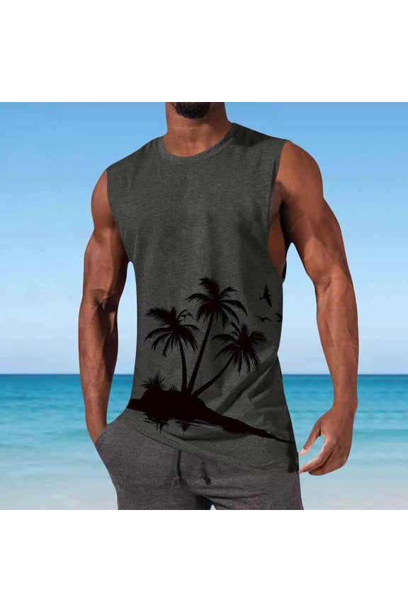 Mens Summer Beach Tank Top Tropical Hawaiian Palm Tree Print Sleeveless Shirts Muscle Tee Vacation Shirts
