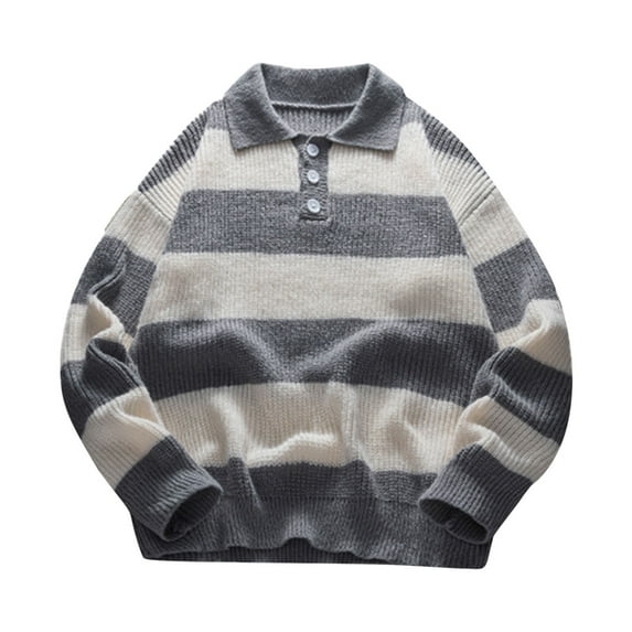 YueHuiYing Mens Sweater Long Sleeved Loose-Fit Rugby Stripe Knit Sweaters Vintage 2025 Classic Button