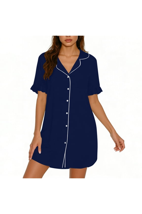 Nightgowns for Women Button Down Sleepshirt Short Sleeve Nightshirt Boyfriend Pajamas V Neck Nightdress