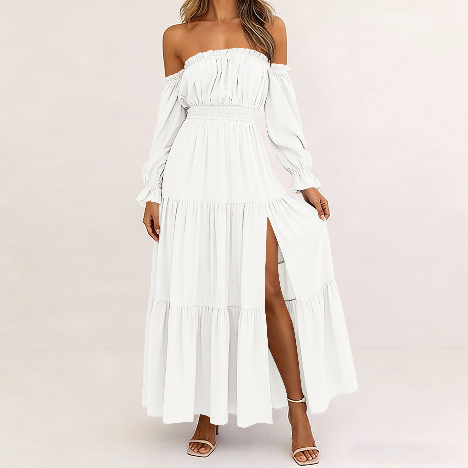 Yuehuiying Off Shoulder Maternity Dresses, Long Sleeve Side Split Flowy A Line Tiered Maxi Dress for Baby Shower Photoshoot, Infant Girl's, Size