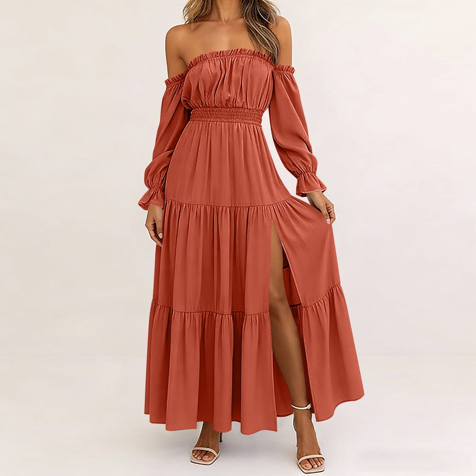 YueHuiYing Off Shoulder Maternity Dresses, Long Sleeve Side Split Flowy A  Line Tiered Maxi Dress for Baby Shower Photoshoot - Walmart.com