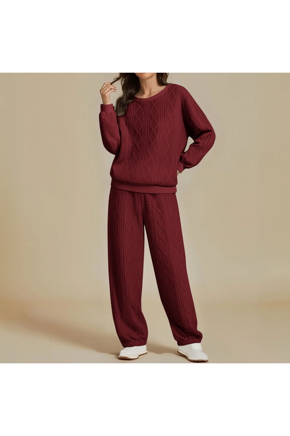 Oversized Sweater Vintage Cable Knit Long Sleeve Women Heavy Crewneck Pullover Pants Set