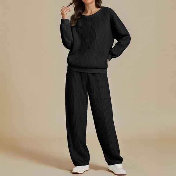 YueHuiYing Oversized Sweater Vintage Cable Knit Long Sleeve Women Heavy Crewneck Pullover Pants Set
