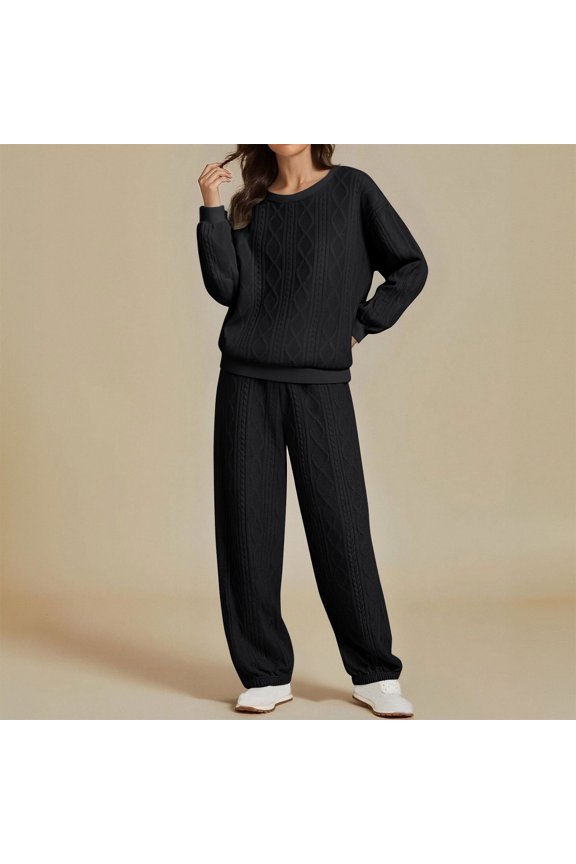 Oversized Sweater Vintage Cable Knit Long Sleeve Women Heavy Crewneck Pullover Pants Set