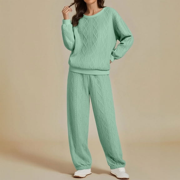 YueHuiYing Oversized Sweater Vintage Cable Knit Long Sleeve Women Heavy Crewneck Pullover Pants Set