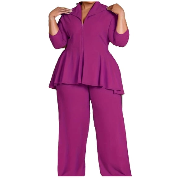 YueHuiYing Plus Size Women's Fashion Long Sleeve Lapel Zipper Coat Wide Leg Pants Solid Color Long Sleeve Turndown Collar Set