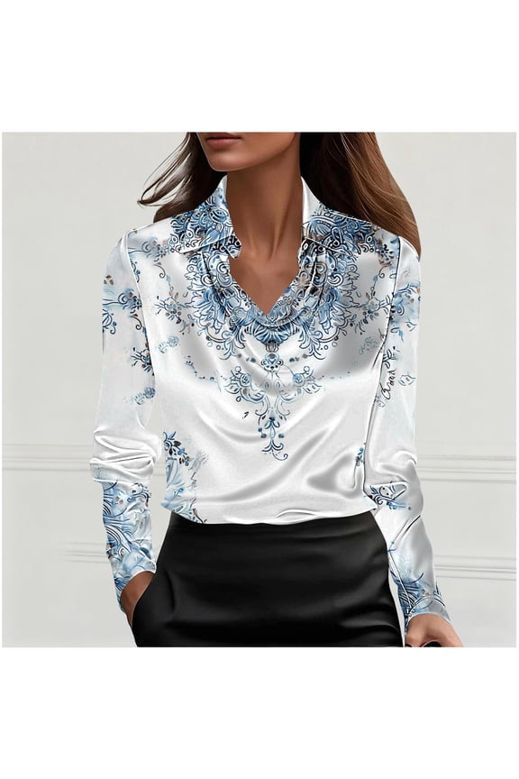 Rustic Floral Print Women's Long-Sleeve Drop-Shoulder Button-Up Casual Pullover V-Neck Top