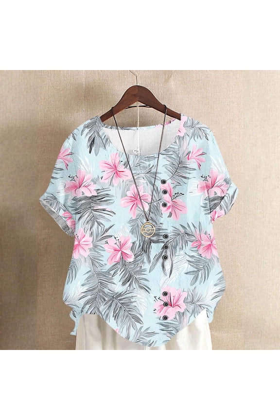 Short-Sleeve Women's Top 2026 Style Cotton-Linen Blend Button-Up V-Neck T-Shirt Summer Beach Vacation Sheer Shirt