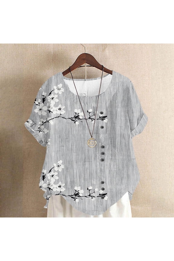 Short-Sleeve Women's Top 2026 Style Cotton-Linen Blend Button-Up V-Neck T-Shirt Summer Beach Vacation Sheer Shirt